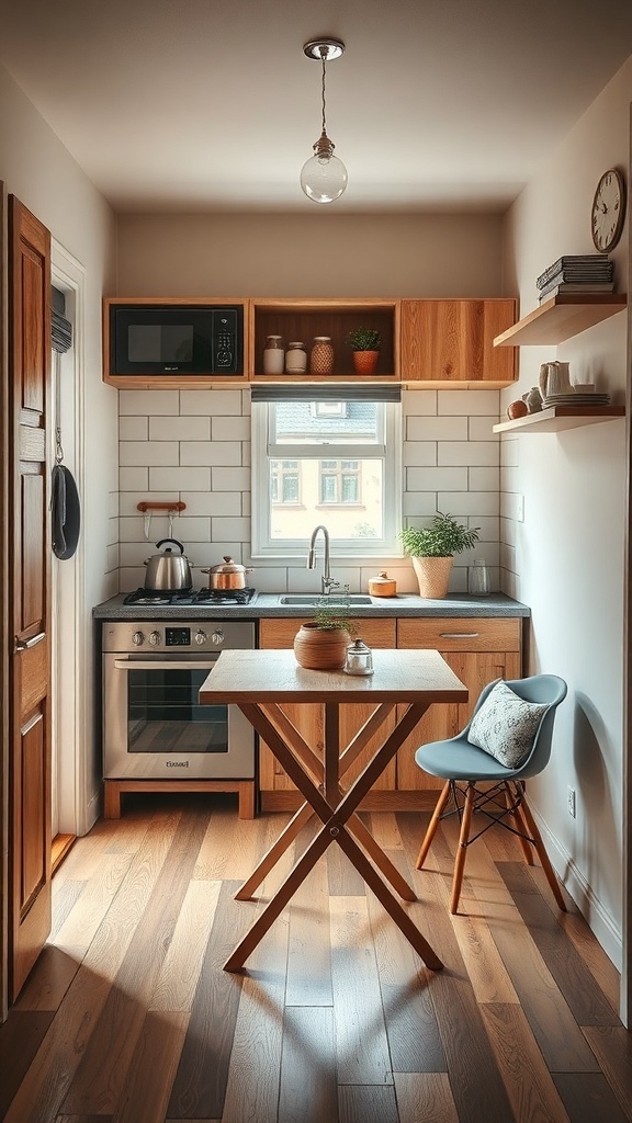 A small kitchen featuring a foldable table and a chair that can be used for storage.