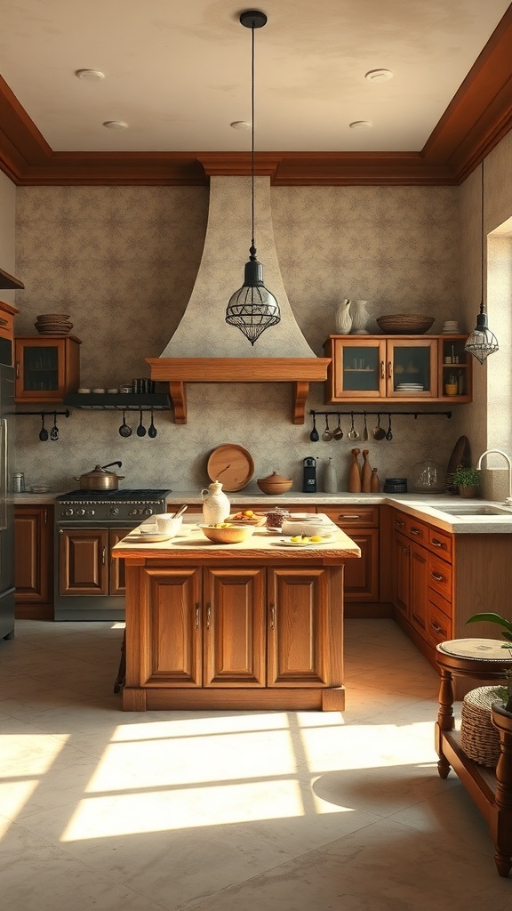 A spacious Indian kitchen with a multi-functional island, wooden cabinets, and ample natural light.