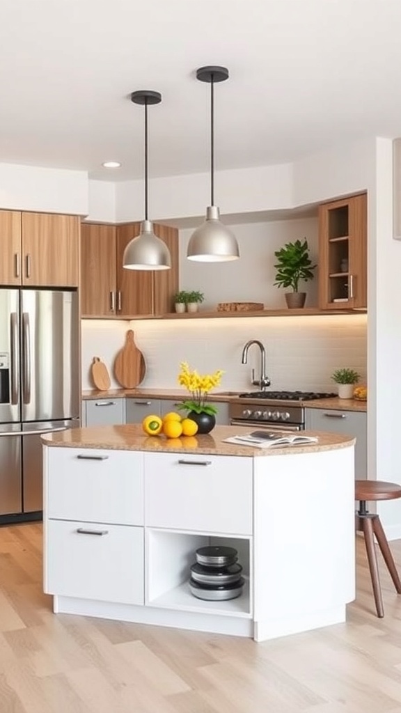 A modern kitchen featuring a multi-functional island with storage and a countertop.