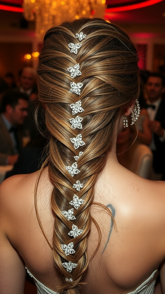 A formal multi-strand braid hairstyle adorned with glittering accessories.