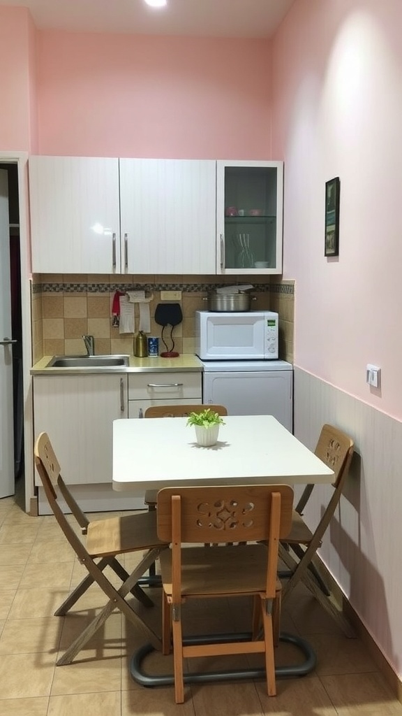 A small kitchen with a foldable dining table and stackable chairs.