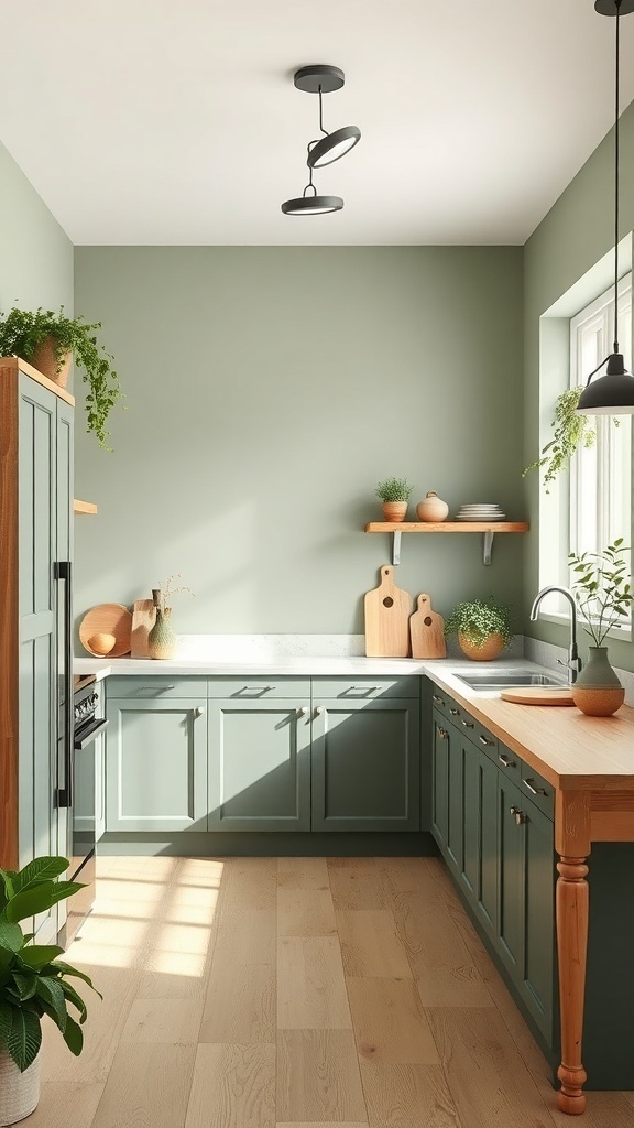 A kitchen featuring muted green cabinets and natural wood accents.