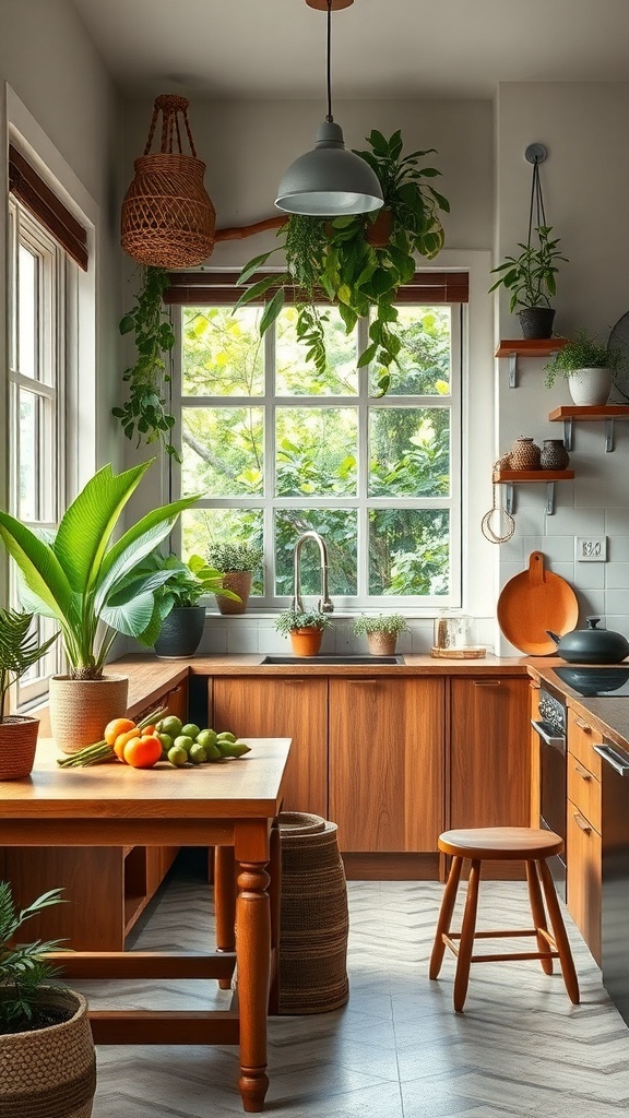 A cozy Indian style kitchen with indoor plants, wooden cabinets, and a bright window.