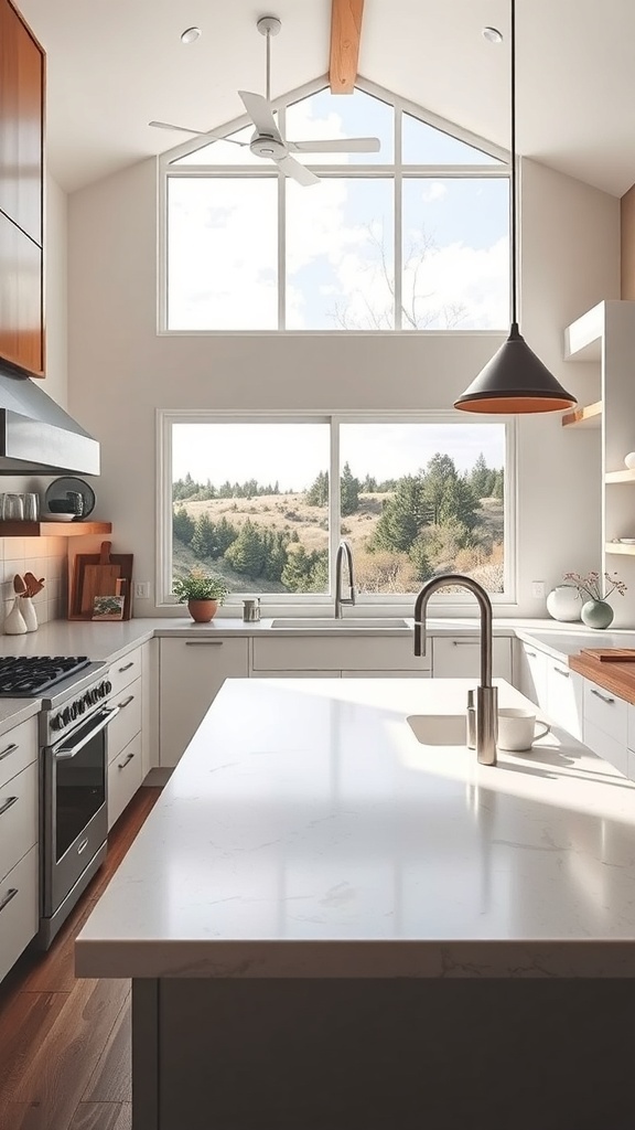 A modern rustic kitchen with large windows allowing natural light and views of the outdoors.