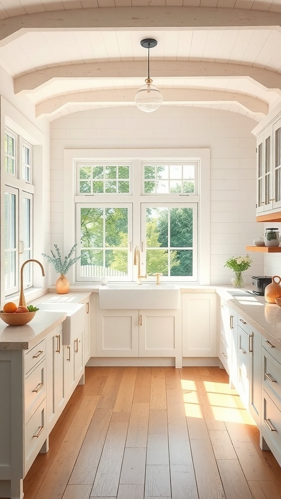 Bright and airy contemporary farmhouse kitchen with large windows and wooden accents.