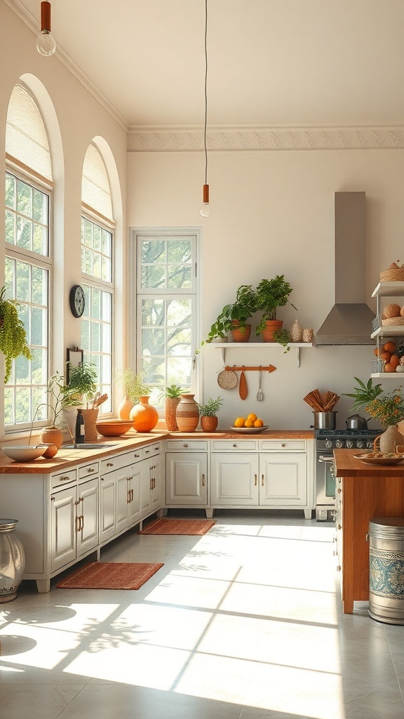 Bright and airy Indian kitchen with large windows and natural light.