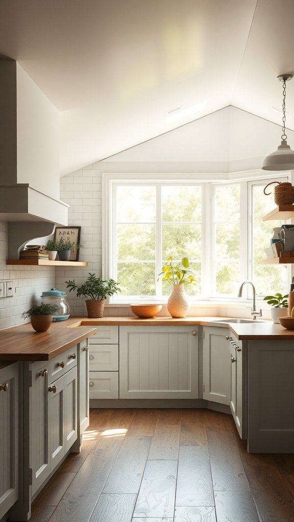 A bright farm style kitchen with large windows and natural light.