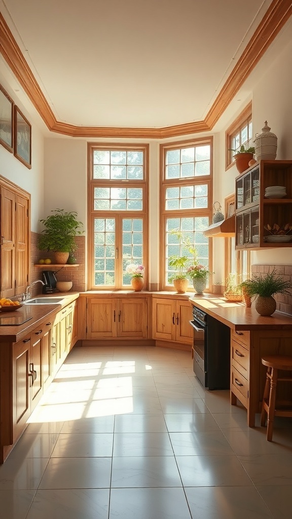 Bright kitchen with large windows and wooden cabinets