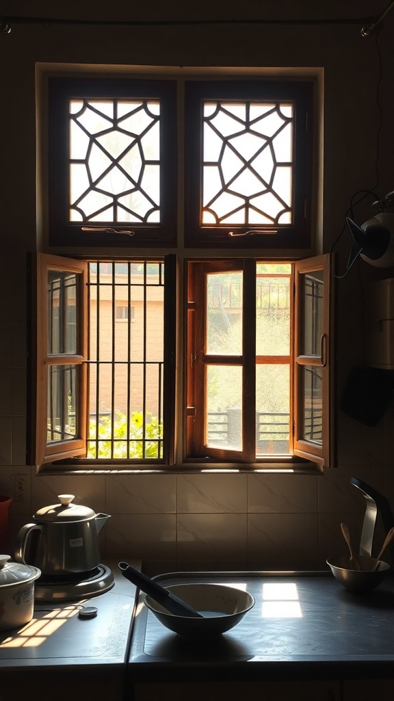Traditional Indian kitchen with wooden windows allowing natural light to enter.