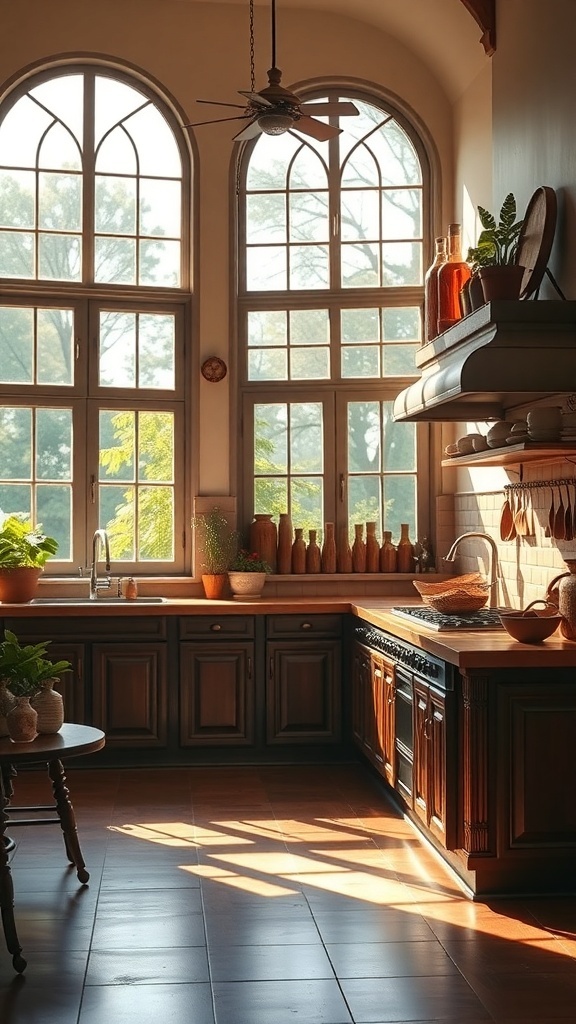 A beautifully lit kitchen with large windows, wooden cabinets, and plants.