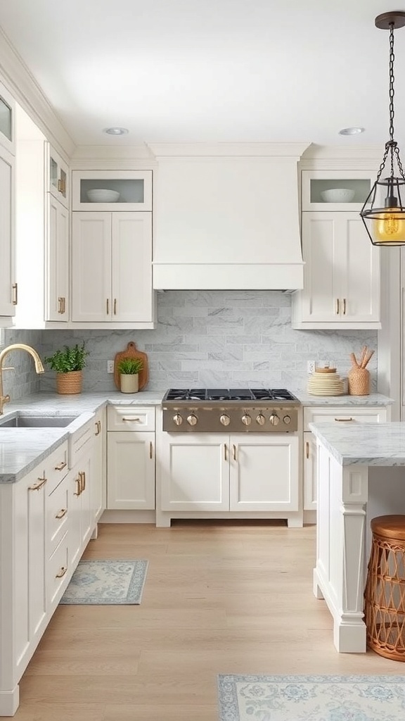 A bright white farmhouse kitchen featuring natural stone countertops, elegant cabinetry, and modern appliances.