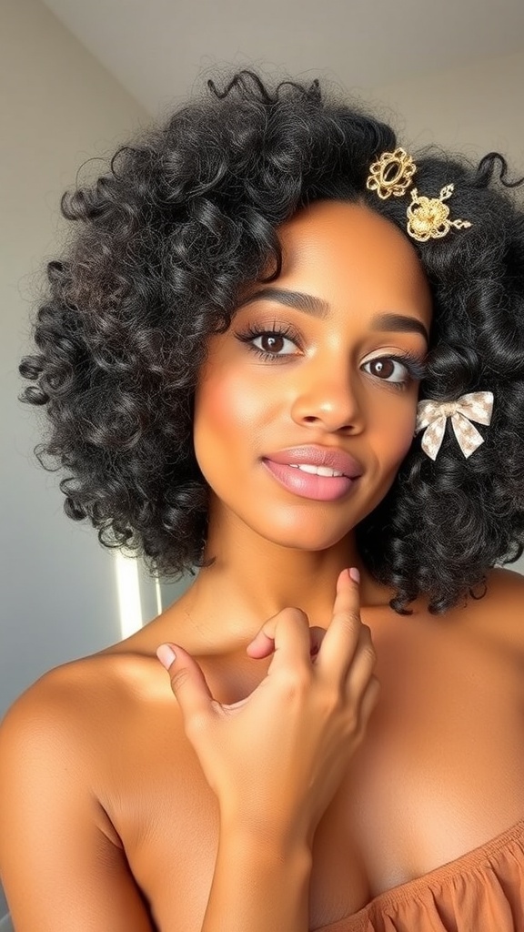A person with curly hair styled with decorative hair clips, showcasing a natural and playful look.
