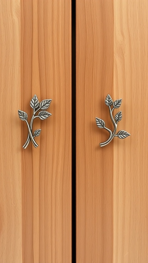 Nature-inspired cabinet hardware featuring leaf designs on wooden cabinets.