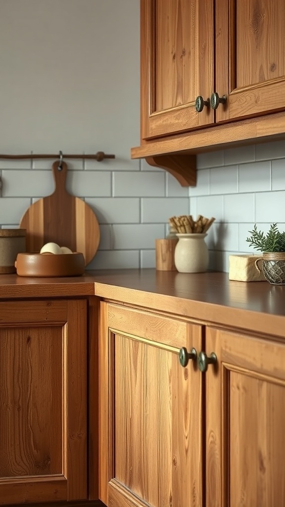 A close-up view of wooden kitchen cabinets with nature-inspired handles.