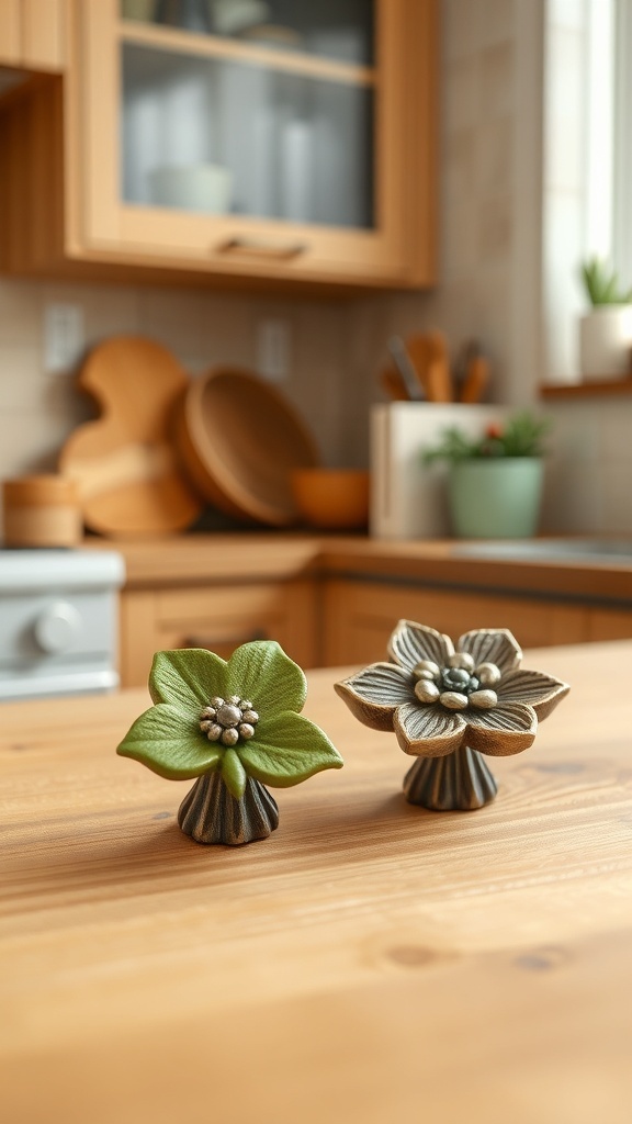 Two flower-shaped kitchen cabinet knobs in green and brown on a wooden table.