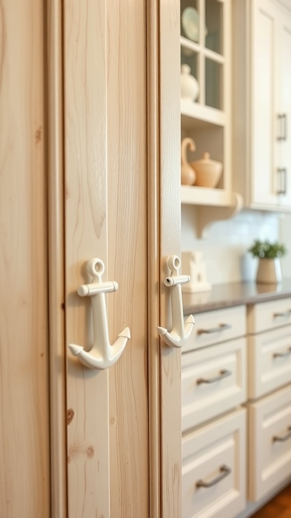 Nautical-themed cabinet pulls in the shape of anchors on wooden cabinets.