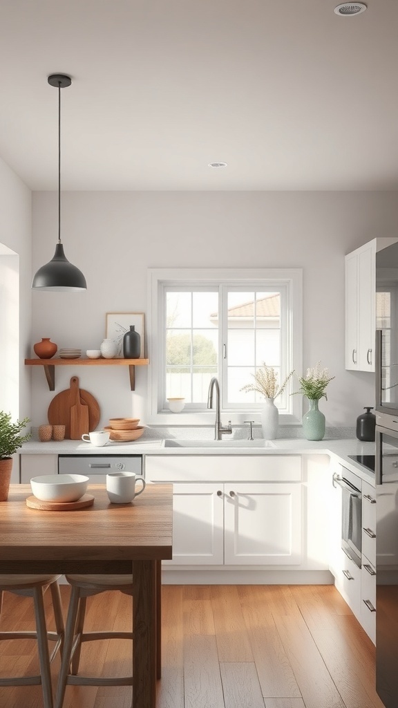 A bright kitchen featuring a neutral color palette with white cabinets, wooden accents, and natural light.