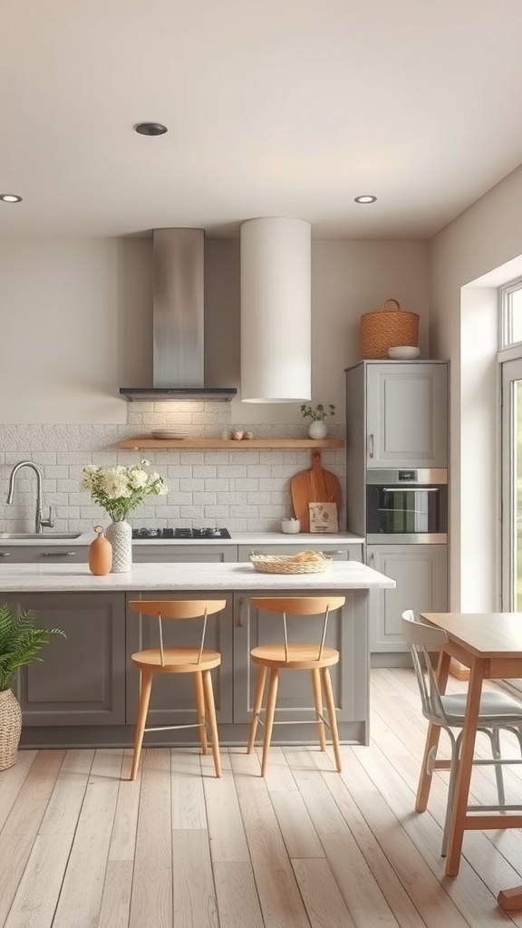 A modern rustic kitchen featuring a neutral color palette with gray cabinets, wooden accents, and a bright, airy atmosphere.