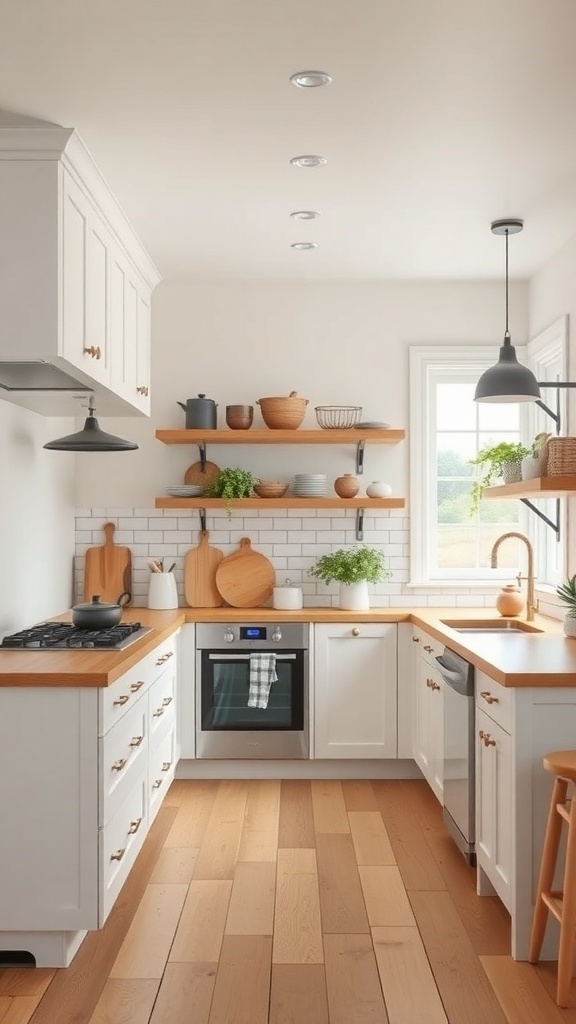 A modern farmhouse kitchen featuring white cabinets, warm wood accents, and open shelving with plants.