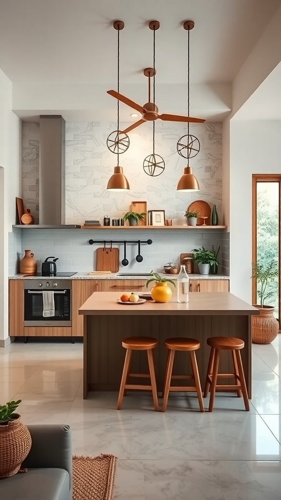 A modern Indian kitchen with an open concept design featuring wooden elements and natural light.