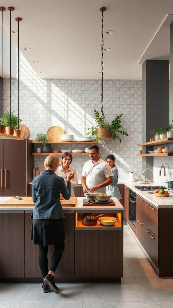 A modern open concept kitchen with people cooking and enjoying the space.