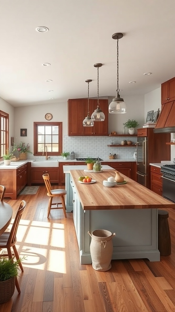 A cozy farm style kitchen featuring an open layout with a central island, wooden cabinets, and warm lighting.