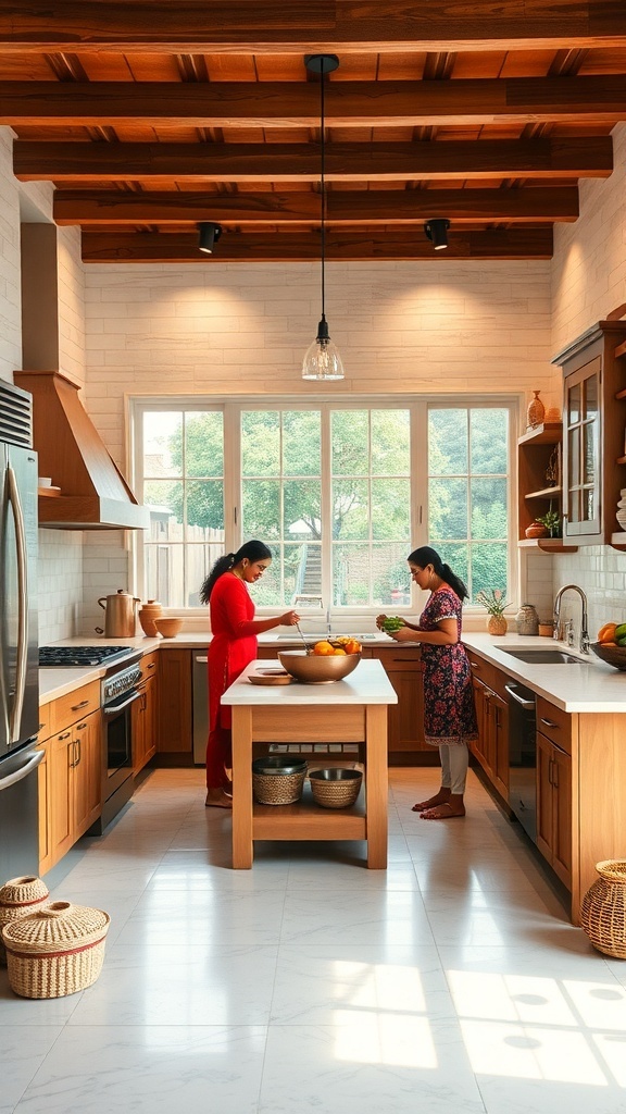 A modern Indian family kitchen with two women cooking together, featuring an open layout and natural light.