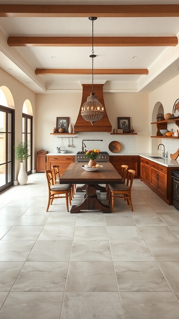 An Indian kitchen with an open layout, featuring a large wooden table and warm tones.