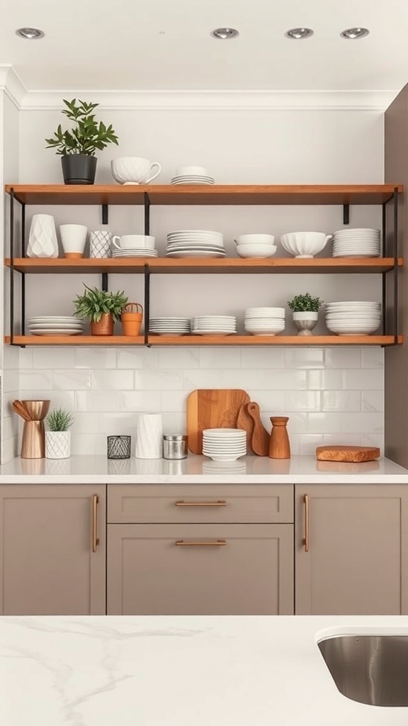A modern kitchen with open shelving displaying white dishes and small plants.
