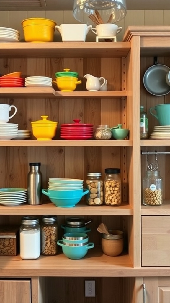Open shelving with colorful dishware and jars in a rustic farmhouse kitchen.