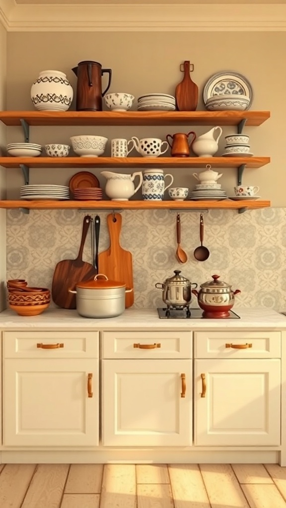 A cozy kitchen with open shelves displaying various dishes and cookware.