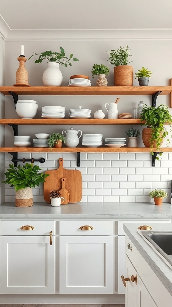 Open shelving in a modern farmhouse kitchen with plates, plants, and decorative items.