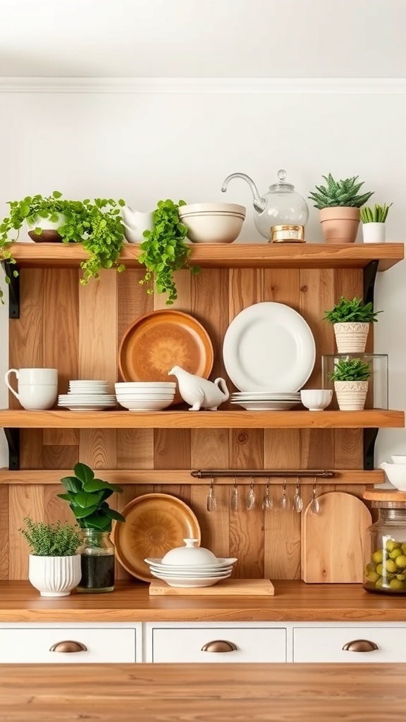 Open shelving in a contemporary farmhouse kitchen with plants and dishware.