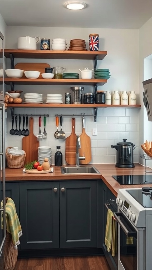A cozy tiny kitchen featuring open shelving with various dishes and utensils.
