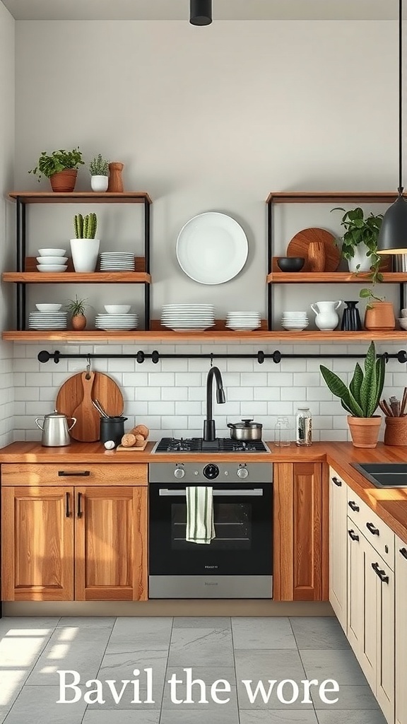 A modern rustic kitchen featuring open shelving with plates, plants, and kitchenware.