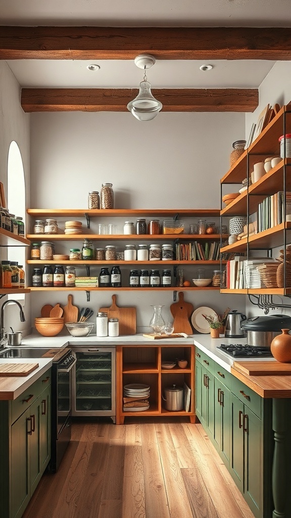 A cozy Indian-style kitchen featuring open shelving with jars, dishes, and wooden utensils.
