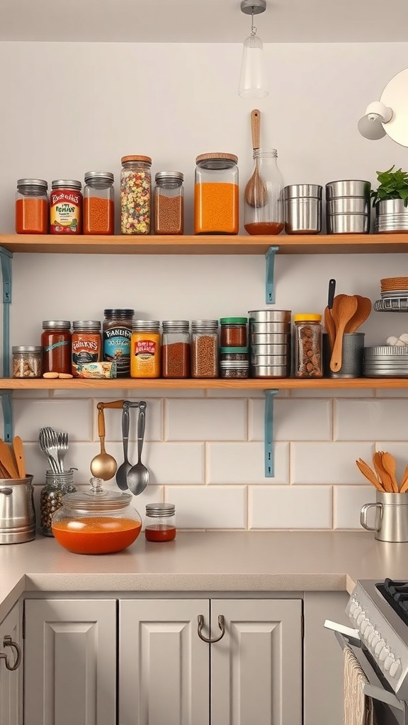 Open shelving in a small Indian kitchen displaying jars and utensils.