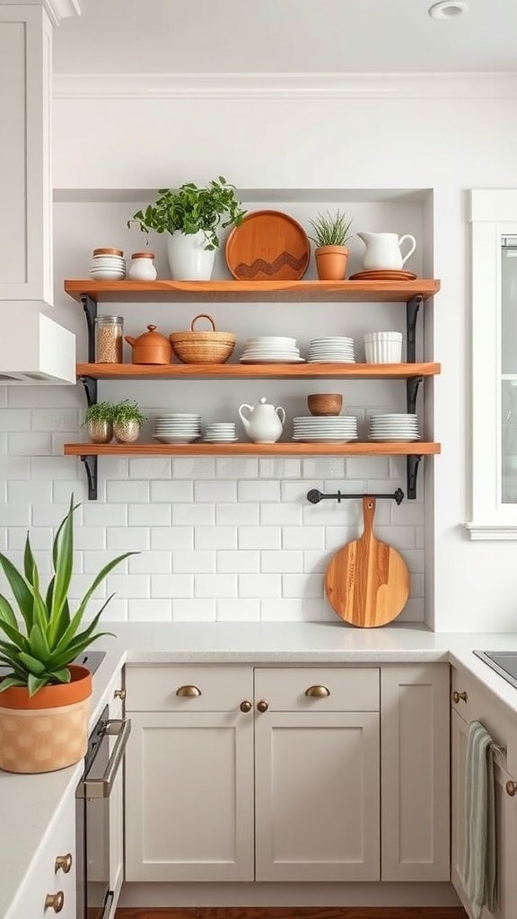Open shelving in a modern country kitchen with plates, pots, and plants.