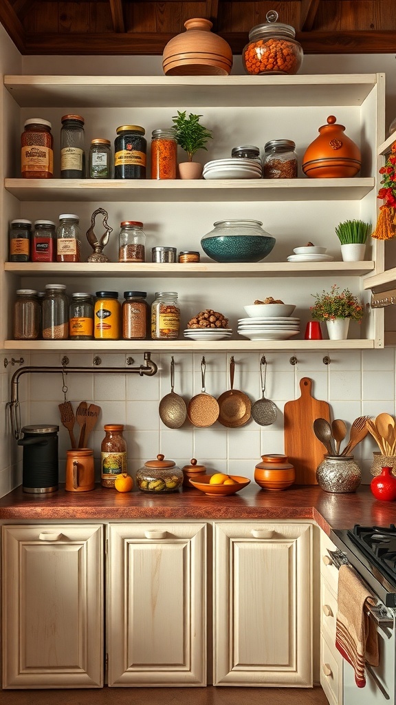 Open shelving displaying jars, spices, and kitchenware in a simple Indian kitchen interior.