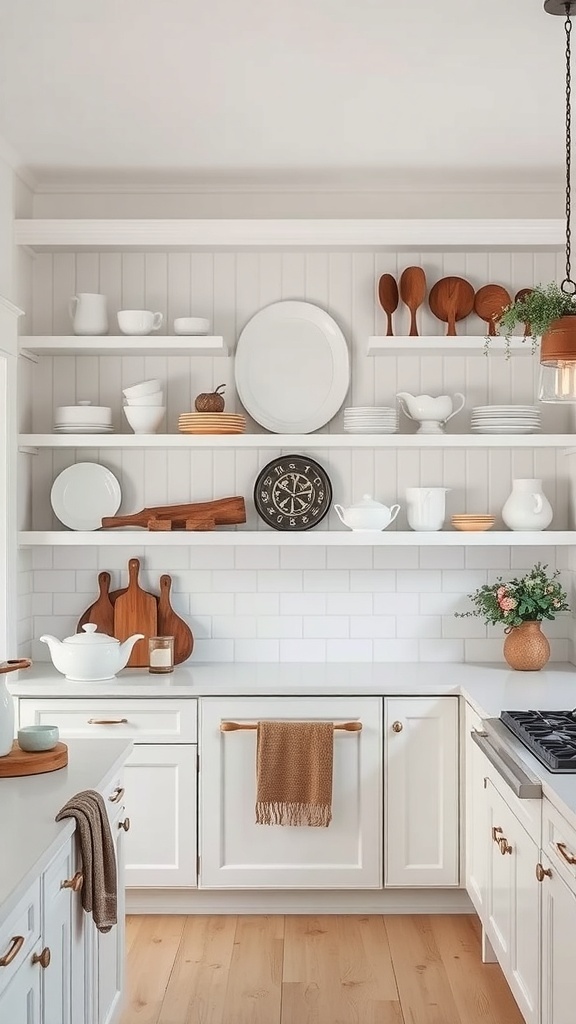 Open shelving in a white farmhouse kitchen displaying dishware and decor