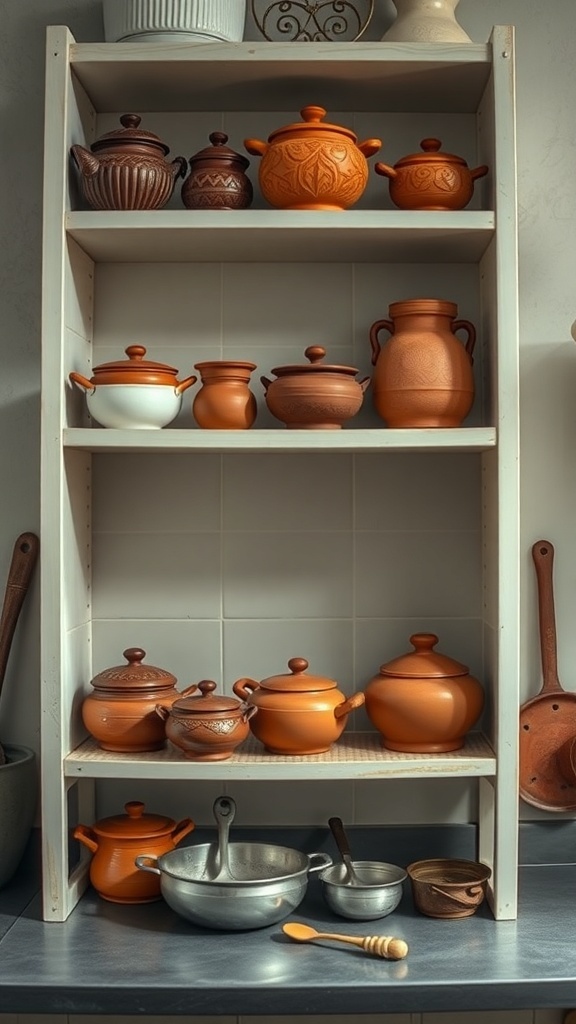 Open shelving displaying various earthenware pots and dishes in a kitchen setting.