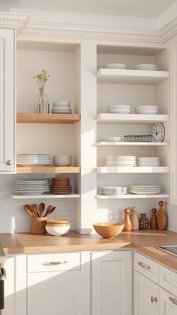 A kitchen corner with open and closed shelves displaying plates and kitchenware.