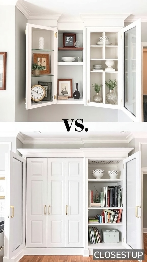 Comparison of open and closed upper corner kitchen cabinets.