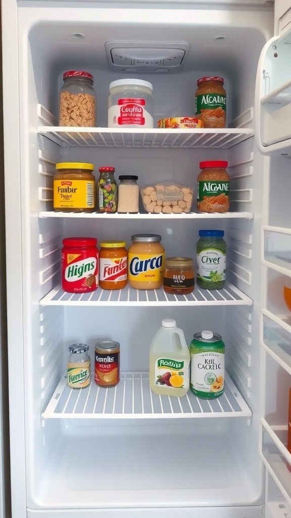 Organized small fridge with various jars and containers on shelves.