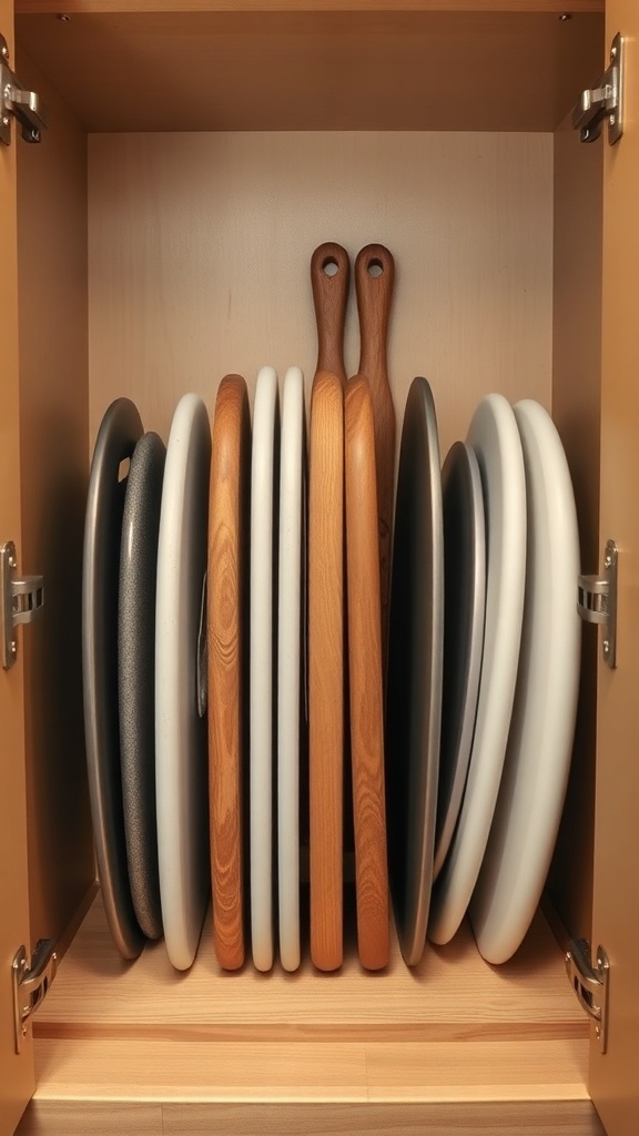 Organized cutting boards and baking sheets in a cabinet.