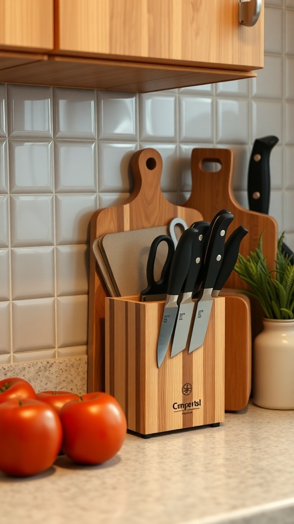 A kitchen counter with neatly organized cutting boards and a knife block.
