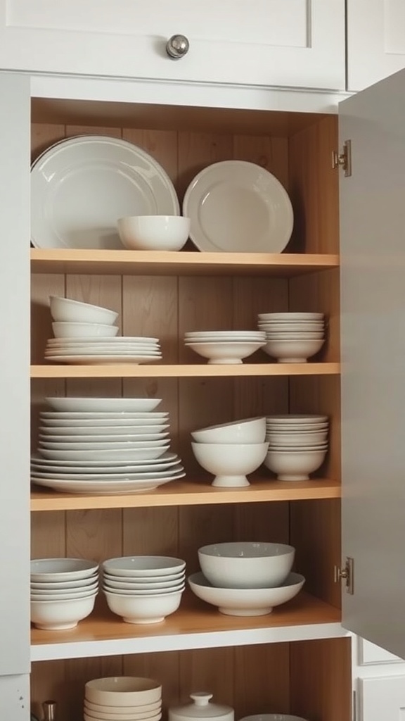 A neatly organized kitchen cabinet showcasing dishware arranged by size.