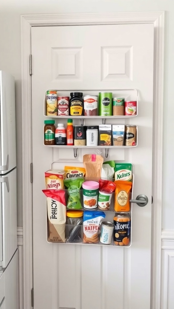 An over-the-door organizer filled with various pantry items like spices, snacks, and canned goods.
