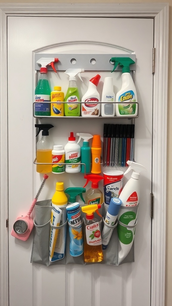 An over-the-door organizer filled with cleaning supplies and pens.