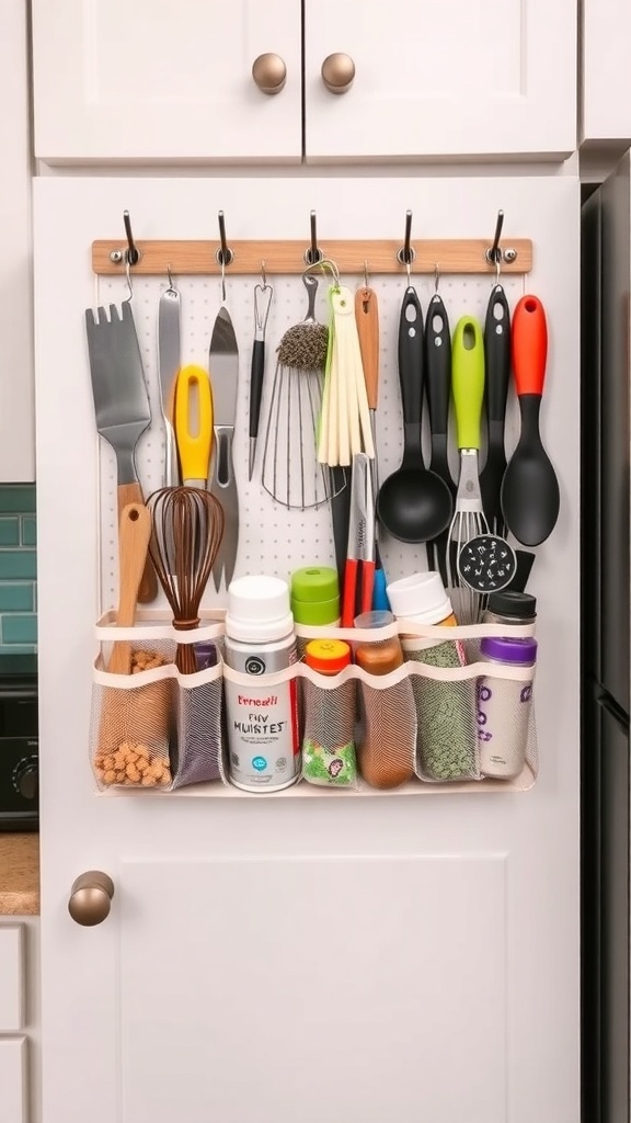 An over-the-door organizer with kitchen utensils and spices hanging on a cabinet door.